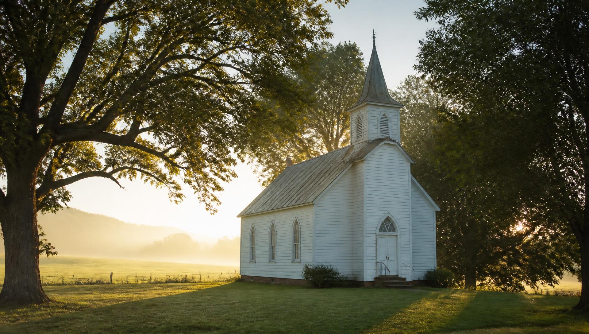 A historic white country church at sunrise in rural Virginia